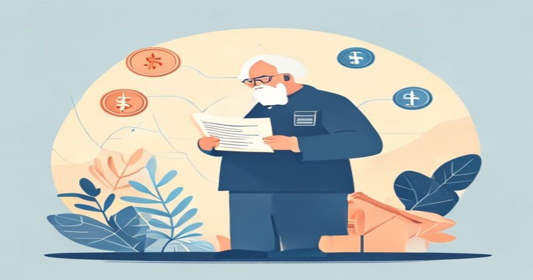 Пенсионер с документом 2026 года, иконки льгот: деньги, дом, медицина.
